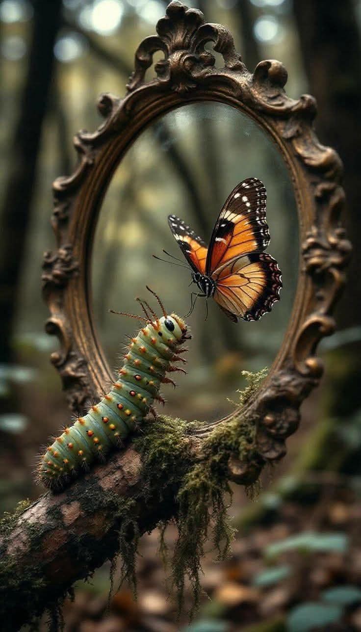 A caterpillar gazes into a mirror and sees a butterfly — a poetic symbol of self-transformation, reflection, and awakening.